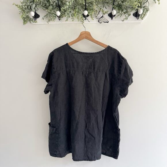 Flax 100% Linen Black Short Sleeve Top Large Lagenlook LS - Picture 3 of 3